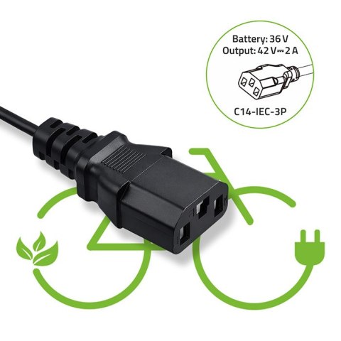 Qoltec Ładowarka do roweru elektrycznego 36V | 42V | 2A | 3P IEC 23mm | +kabel zasilający