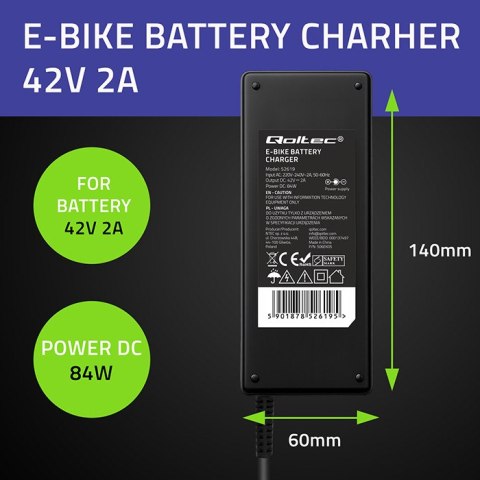 Qoltec Ładowarka do roweru elektrycznego 36V | 42V | 2A | GX12-3P | +kabel zasilający