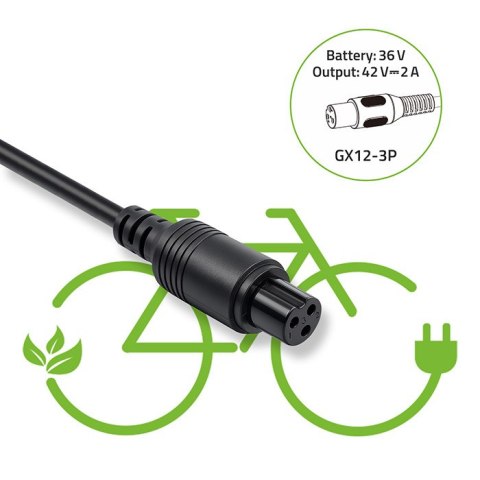 Qoltec Ładowarka do roweru elektrycznego 36V | 42V | 2A | GX12-3P | +kabel zasilający