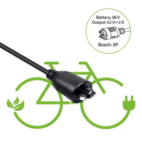Qoltec Szybka Ładowarka do roweru elektrycznego | wtyczka Bosch 3P | 36V | 42V | 2A | +kabel zasilający