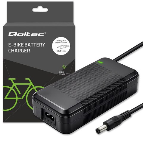 Qoltec Szybka Ładowarka do roweru skutera elektrycznego | 5.5*2.1 | 36V | 42V | 4A | wodoodporna +kabel zasilający