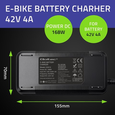Qoltec Szybka Ładowarka do roweru skutera elektrycznego | 5.5*2.1 | 36V | 42V | 4A | wodoodporna +kabel zasilający