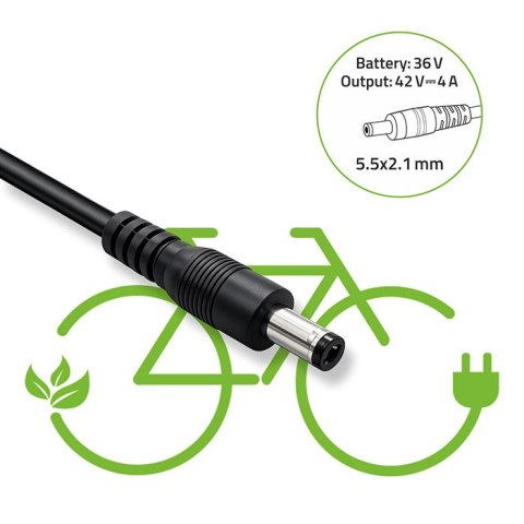 Qoltec Szybka Ładowarka do roweru skutera elektrycznego | 5.5*2.1 | 36V | 42V | 4A | wodoodporna +kabel zasilający