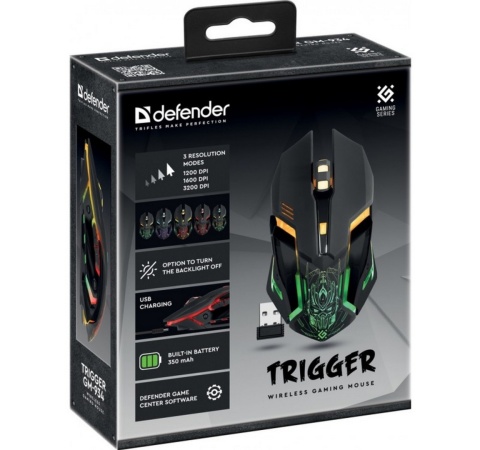 Mysz bezprzewodowa Defender TRIGGER GM-934 optyczna 3200dpi czarna LED AKUMULATOR 6 przycisków Gaming