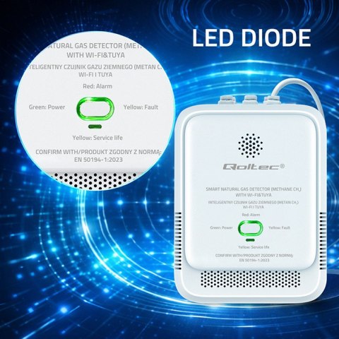 Qoltec Certyfikowany Czujnik wycieku gazu ziemnego | detektor CH4 | NG | Tuya | Wi-Fi | alarm 85dB | LED
