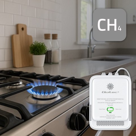 Qoltec Certyfikowany Czujnik wycieku gazu ziemnego | detektor CH4 | NG | Tuya | Wi-Fi | alarm 85dB | LED