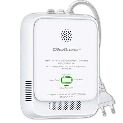 Qoltec Certyfikowany Czujnik wycieku gazu ziemnego | detektor CH4 | NG | Tuya | Wi-Fi | alarm 85dB | LED