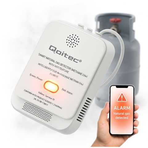 Qoltec Certyfikowany Czujnik wycieku gazu ziemnego | detektor CH4 | NG | Tuya | Wi-Fi | alarm 85dB | LED