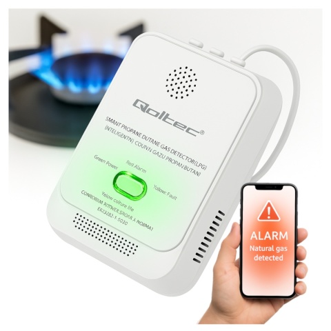 Qoltec Certyfikowany Czujnik wycieku gazu ziemnego | detektor CH4 | NG | Tuya | Wi-Fi | alarm 85dB | LED