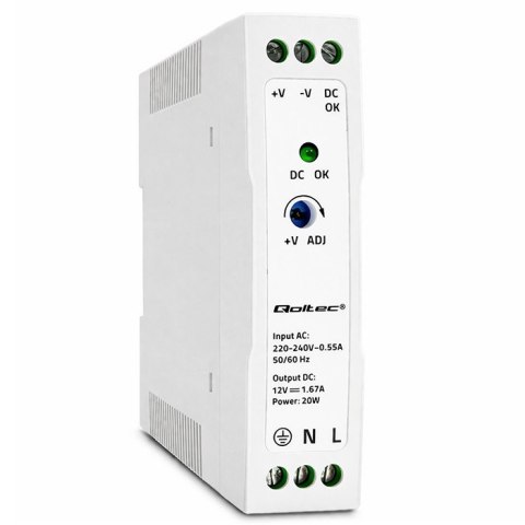 Qoltec Zasilacz na szynę DIN | 20W | 12V | 1.67A | Biały | Slim