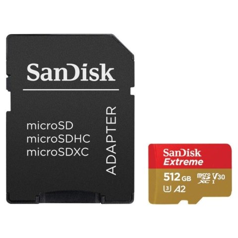 Karta pamięci microSDXC SanDisk EXTREME 512GB 160/90 MB/s A2 C10 V30 UHS-I U3 Mobile + Adapter Karta pamięci microSDXC SanDisk EXTREME 512GB 160/90 MB/s A2 C10 V30 UHS-I U3 Mobile + Adapter