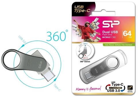 Pendrive Silicon Power C80 16GB USB 3.0 / USB-C + Type C Metal Pendrive Silicon Power C80 16GB USB 3.0 / USB-C + Type C Metal