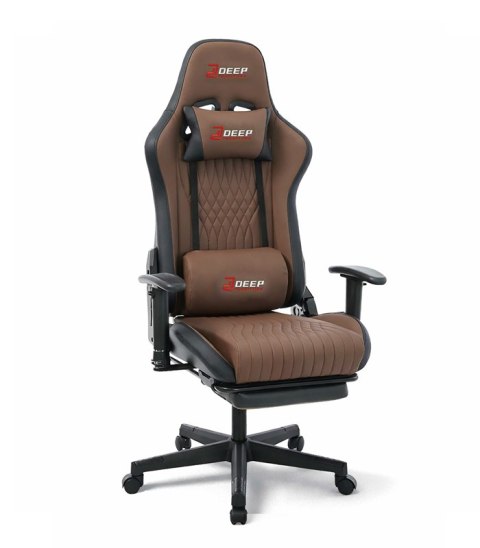 Ergonomiczny fotel gamingowy brązowy z podnóżkiem i regulacją wysokości - fotel dla gracza do biura i pokoju
