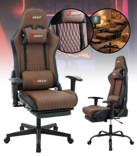 Ergonomiczny fotel gamingowy brązowy z podnóżkiem i regulacją wysokości - fotel dla gracza do biura i pokoju