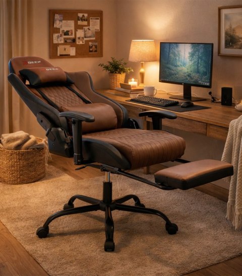Ergonomiczny fotel gamingowy brązowy z podnóżkiem i regulacją wysokości - fotel dla gracza do biura i pokoju