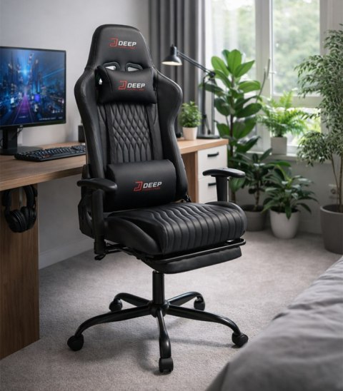Ergonomiczny fotel gamingowy czarny z podnóżkiem i regulacją wysokości - fotel dla gracza do biura i pokoju