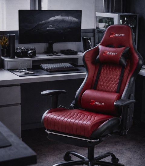 Ergonomiczny fotel gamingowy czerwony z podnóżkiem i regulacją wysokości - fotel dla gracza do biura i pokoju