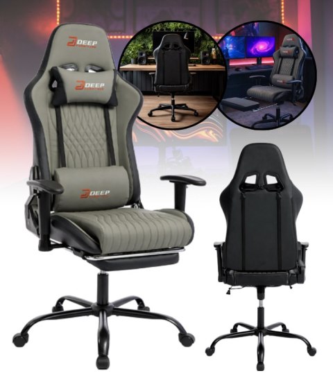 Ergonomiczny fotel gamingowy szary z podnóżkiem i regulacją wysokości - fotel dla gracza do biura i pokoju