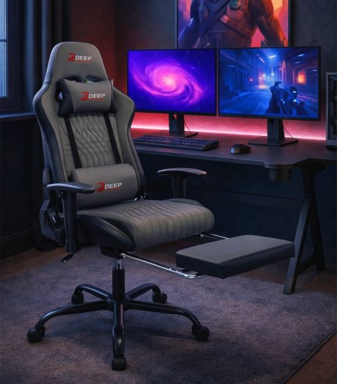 Ergonomiczny fotel gamingowy szary z podnóżkiem i regulacją wysokości - fotel dla gracza do biura i pokoju