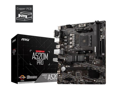 Płyta MSI A520M PRO /AMD A520/DDR4/SATA3/M.2/USB3.1/PCIe3.0/AM4/mATX Płyta MSI A520M PRO /AMD A520/DDR4/SATA3/M.2/USB3.1/PCIe3.0/AM4/mATX