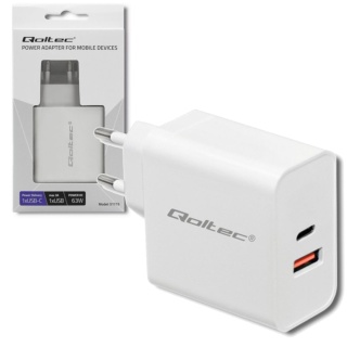 Qoltec Ładowarka sieciowa 63W | 5-20V | 1.5-3A | USB typ C PD | USB QC 3.0 | Biała