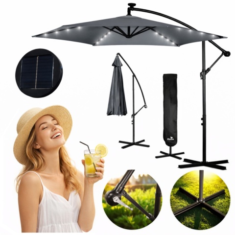 Parasol ogrodowy składany 6 segmentowy 350 cm z pokrowcem i lampkami Plonos PL-882