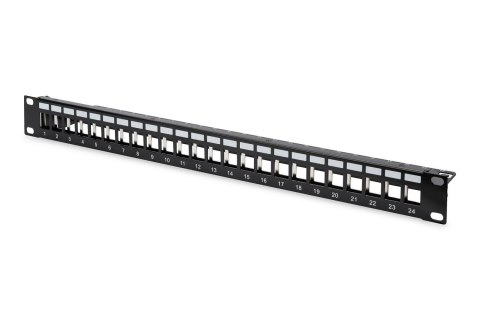 Patch panel pusty DIGITUS 19" 24 port 1U do modułów keystone (RAL 9005) Patch panel pusty DIGITUS 19" 24 port 1U do modułów keystone (RAL 9005)