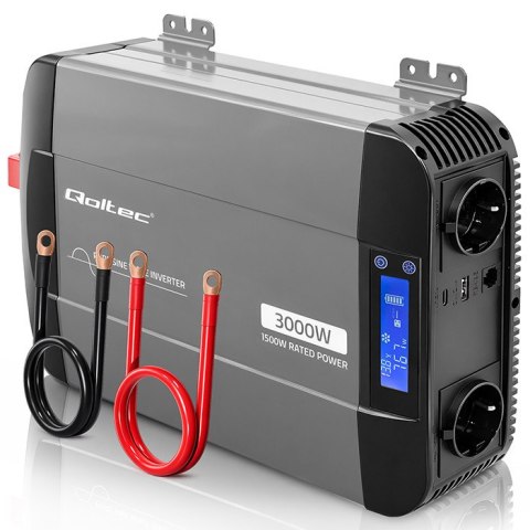 Qoltec Przetwornica napięcia Pure Sine Wave | 12V na 230V | 1500/3000W | LCD | USB | USB-C | Kompatybilna z LiFePO4 GEL AGM
