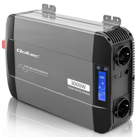 Qoltec Przetwornica napięcia Pure Sine Wave | 12V na 230V | 1500/3000W | LCD | USB | USB-C | Kompatybilna z LiFePO4 GEL AGM