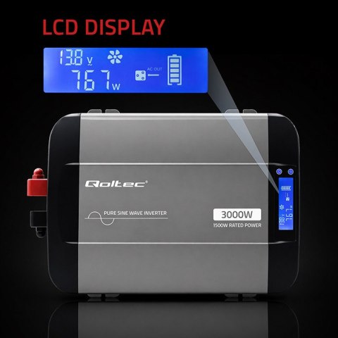 Qoltec Przetwornica napięcia Pure Sine Wave | 12V na 230V | 1500/3000W | LCD | USB | USB-C | Kompatybilna z LiFePO4 GEL AGM