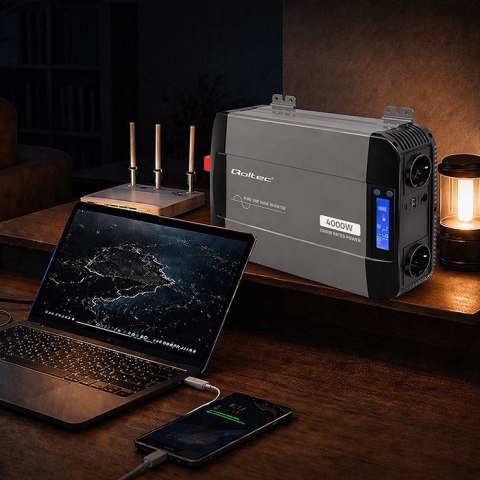 Qoltec Przetwornica napięcia Pure Sine Wave | 12V na 230V | 2000/4000W | LCD | USB | USB-C | Kompatybilna z LiFePO4 GEL AGM