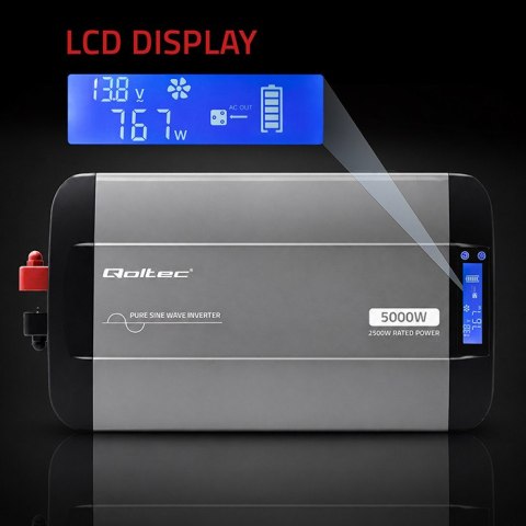 Qoltec Przetwornica napięcia Pure Sine Wave | 12V na 230V | 2500/5000W | LCD | USB | USB-C | Kompatybilna z LiFePO4 GEL AGM