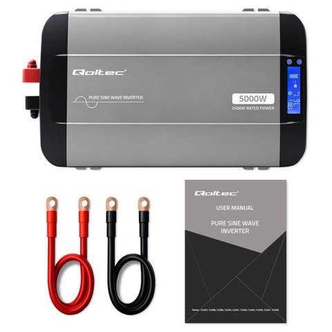 Qoltec Przetwornica napięcia Pure Sine Wave | 12V na 230V | 2500/5000W | LCD | USB | USB-C | Kompatybilna z LiFePO4 GEL AGM