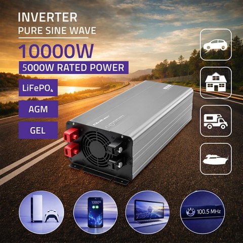 Qoltec Przetwornica napięcia Pure Sine Wave | 24V na 230V | 5000/10000W | LCD | USB | Kompatybilna z LiFePO4 GEL AGM