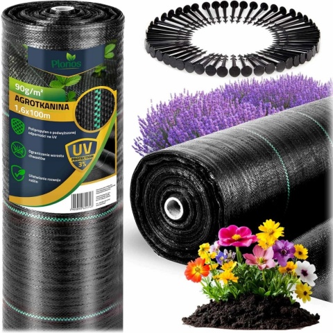 Agrotkanina ogrodowa 1,6 m x 100 m 90 g/m2 + 100 szpilek Plonos - czarna