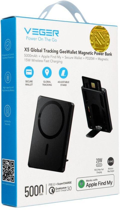 Powerbank Veger GeoWallet Tracker X5 5000 mAh 20 W PD QC 3.0 MFi MagSafe USB-C czarny