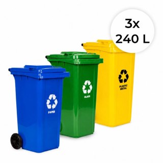 Zestaw 3 koszy na śmieci pojemniki 3x240L niebieski zielony żółty makulatura szkło plastik gumowe koła