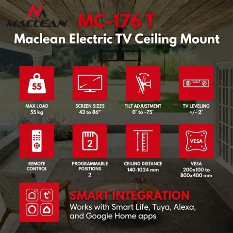 Uchwyt elektryczny do TV Maclean, sufitowy, obsługa Tuya, max. VESA 800x400, dla TV 43-86", max. 55kg, MC-176 T