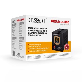 Zasilacz awaryjny KEMOT PROsinus-800 przetwornica z czystym przebiegiem sinusoidalnym i funkcją ładowania 12V 230V 800VA/500W - 