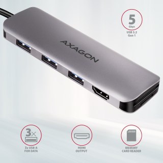 Koncentrator USB AXAGON HMC-HCR3A, 3x USB-A + HDMI + SD/microSD, USB-C 3.2 Gen 1, USB-C 20cm