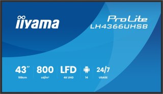 Iiyama LH4366UHSB-B1AG signage display Płaski panel Digital Signage 109,2 cm (43") LCD Wi-Fi 800 cd/m2 4K Ultra HD Czarny Proces