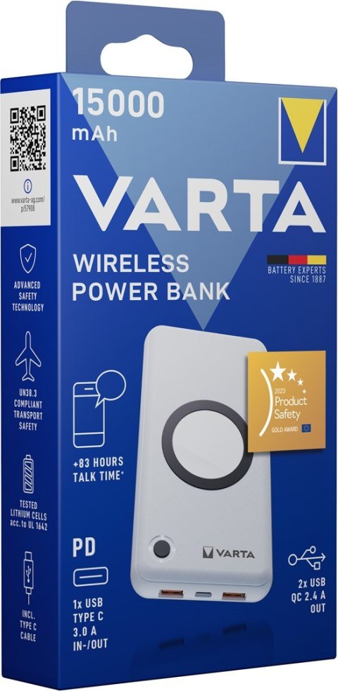 Varta 57908 101 111 bank mocy Litowo-polimerowy (LiPo) 15000 mAh Bezprzewodowe ładowanie Biały