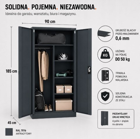 Iron Mate Szafa Gospodarcza Metalowa SATURN 185x90x45 Antracyt RAL7016