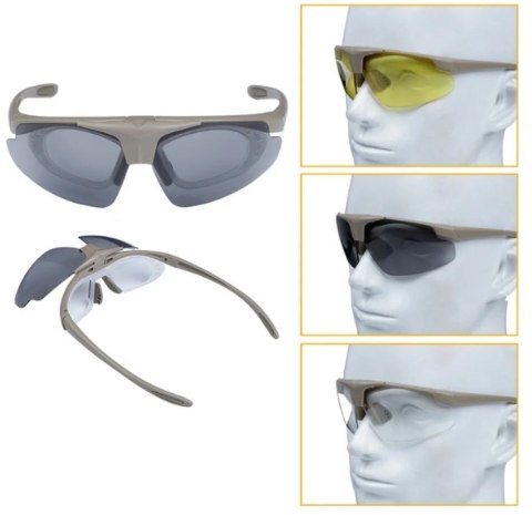 Okulary strzeleckie Wosport Tan - 3 wymienne wizjery, pasek