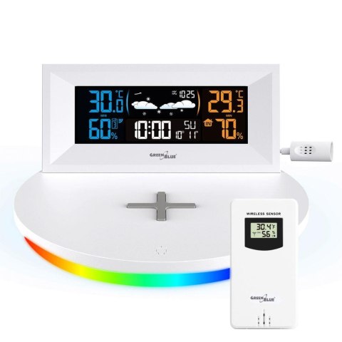 Stacja pogody GreenBlue GB213 bezprzewodowa z ładowarką bezprzewodową/indukcyjna zegar, alarm, kalendarz, czujnik zewnętrzy Stacja pogody GreenBlue GB213 bezprzewodowa z ładowarką bezprzewodową/indukcyjna zegar, alarm, kalendarz, czujnik zewnętrzy