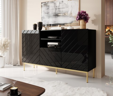 Komoda ABETO na złotym stelażu ze stali 150x42x90 czarny/czarny połysk Komoda ABETO na złotym stelażu ze stali 150x42x90 czarny/czarny połysk