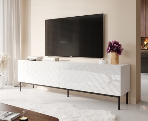 Szafka RTV ABETO na czarnym stelażu ze stali 200x42x60 biały/biały połysk Szafka RTV ABETO na czarnym stelażu ze stali 200x42x60 biały/biały połysk