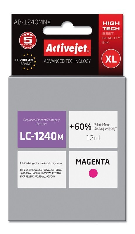 Tusz Activejet AB-1240MNX (zamiennik Brother LC1240M/1220M; Supreme; 12 ml; czerwony) Tusz Activejet AB-1240MNX (zamiennik Brother LC1240M/1220M; Supreme; 12 ml; czerwony)