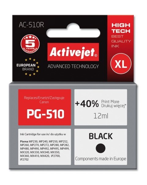 Tusz Activejet AC-510R (zamiennik Canon PG-510; Premium; 12 ml; czarny) Tusz Activejet AC-510R (zamiennik Canon PG-510; Premium; 12 ml; czarny)