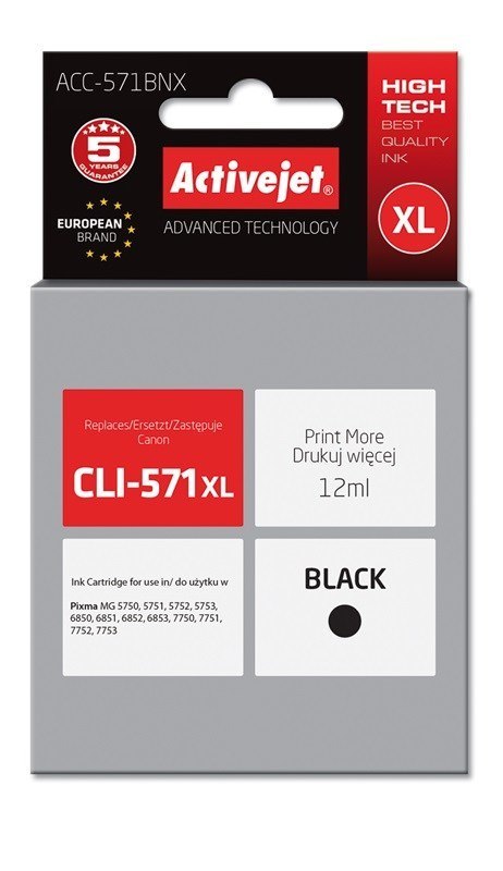 Tusz Activejet ACC-571BNX (zamiennik Canon CLI-571Bk XL; Supreme; 12 ml; czarny) Tusz Activejet ACC-571BNX (zamiennik Canon CLI-571Bk XL; Supreme; 12 ml; czarny)